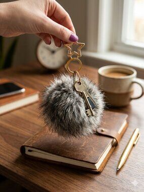 Gray Faux Fur Pom Pom Bag Charm Keychain with Gold Star
